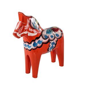 Swedish Dala Horse Figurine 5" Hand-Painted Nils Olsson Red Blue Folk Art Decor